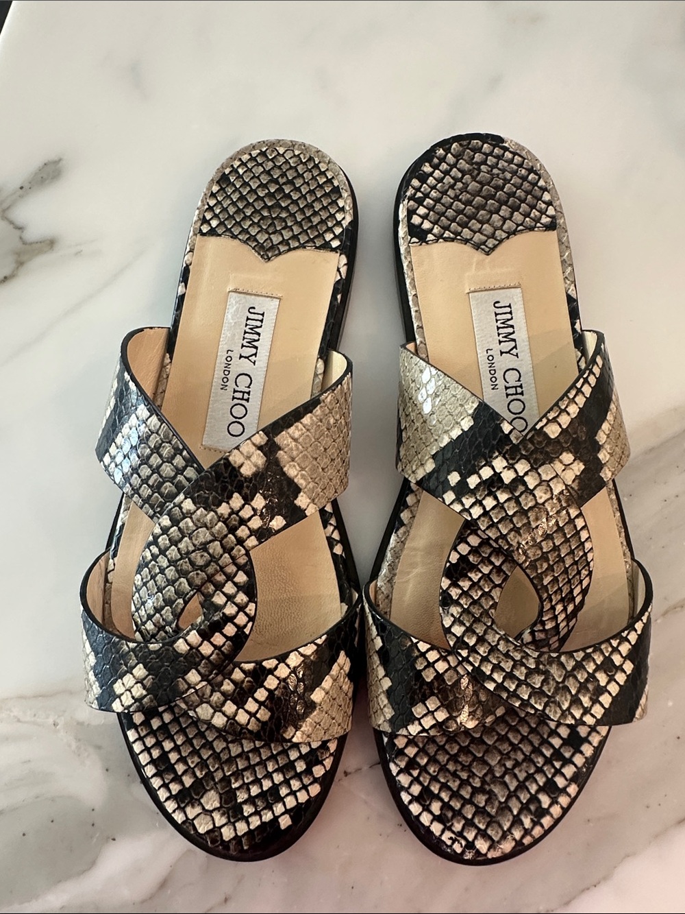 Jimmy Choo Black & Beige Snake-Print Slide Mules